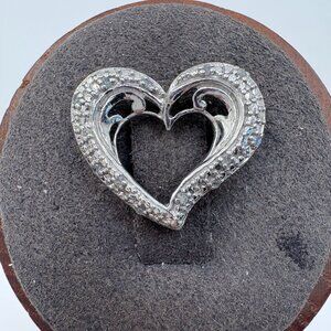 VTG Sterling Silver 925 Natural Diamond Open Heart Pendant Size 0.5" Length